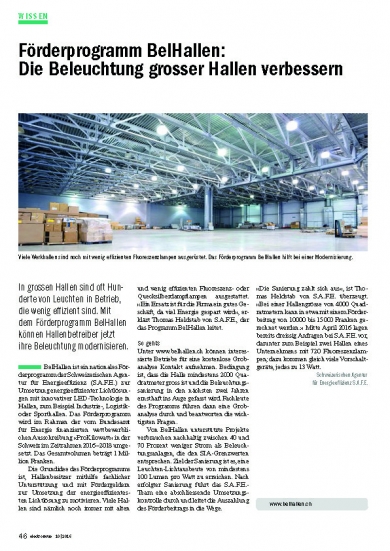 «Förderprogramm BelHallen: Die Beleuchtung grosser Hallen verbessern» (electrorevue 10/16)