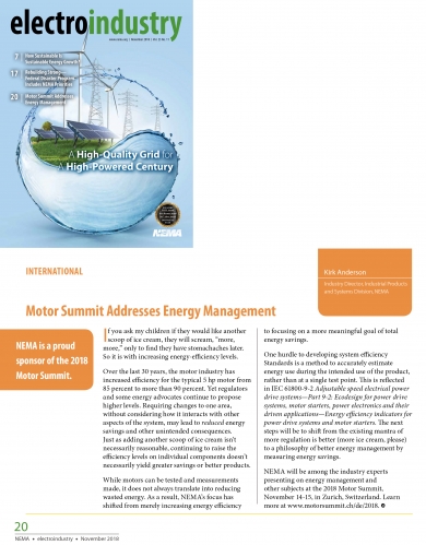 “Motor Summit Addresses Energy Management” (Electroindustry Nov 2018 / NEMA)