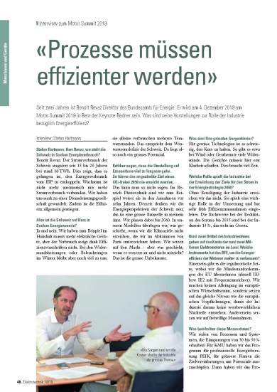 «Interview B. Revaz: Prozesse müssen effizienter werden» (Elektrotechnik 10/19)